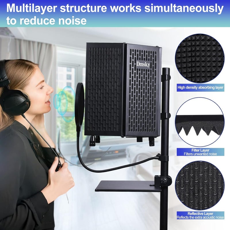 Dmsky Microphone Isolation Shield with Pop Filter & Tripod Stand, Foldable Mic Shield with Triple Sound Insulation, High Density Mic Sound Shield for Recording Studio, Podcasts, Singing, Broadcasting - Image 4